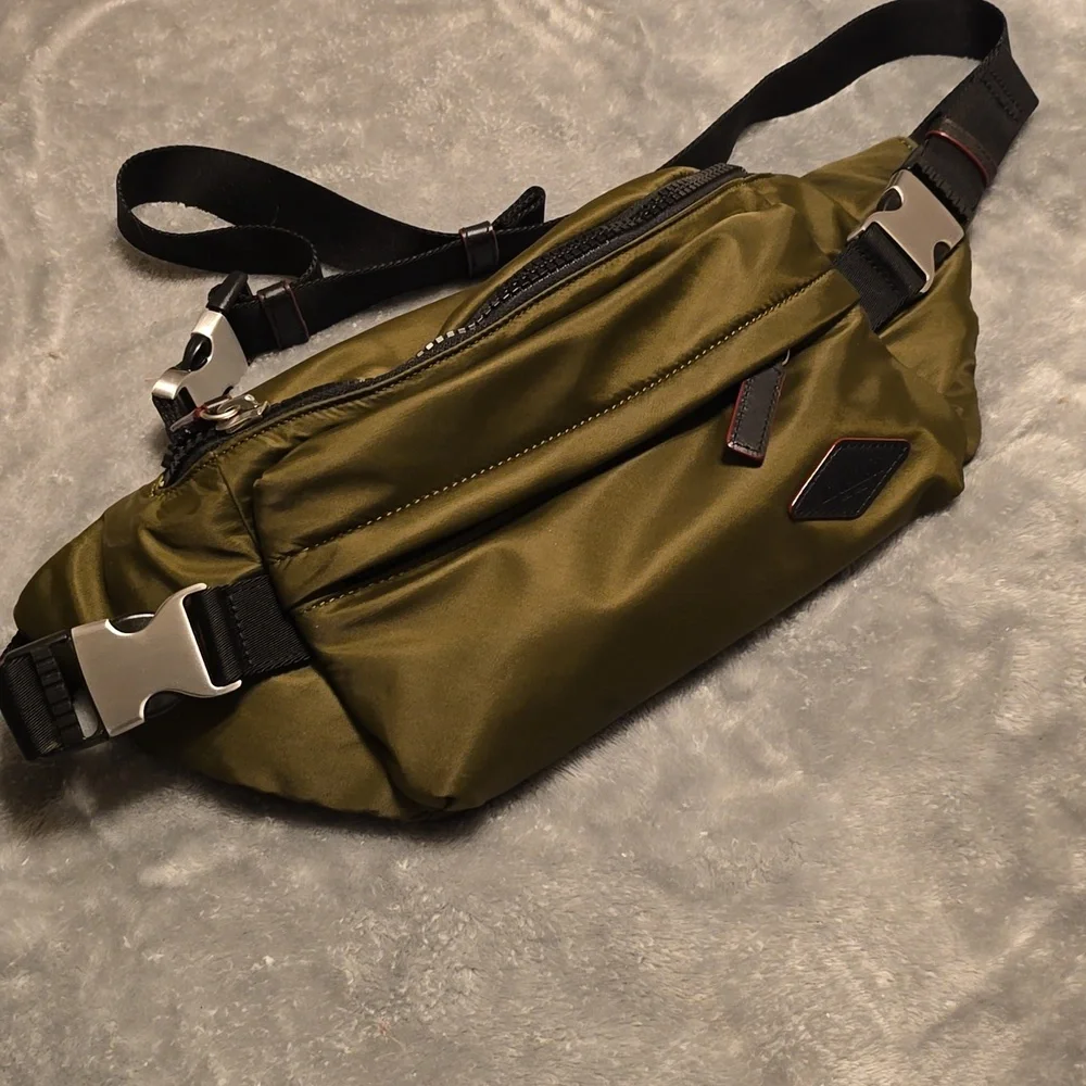 MZ Wallace Olive Green Nylon Crossbody Belt Bag with Black Strap